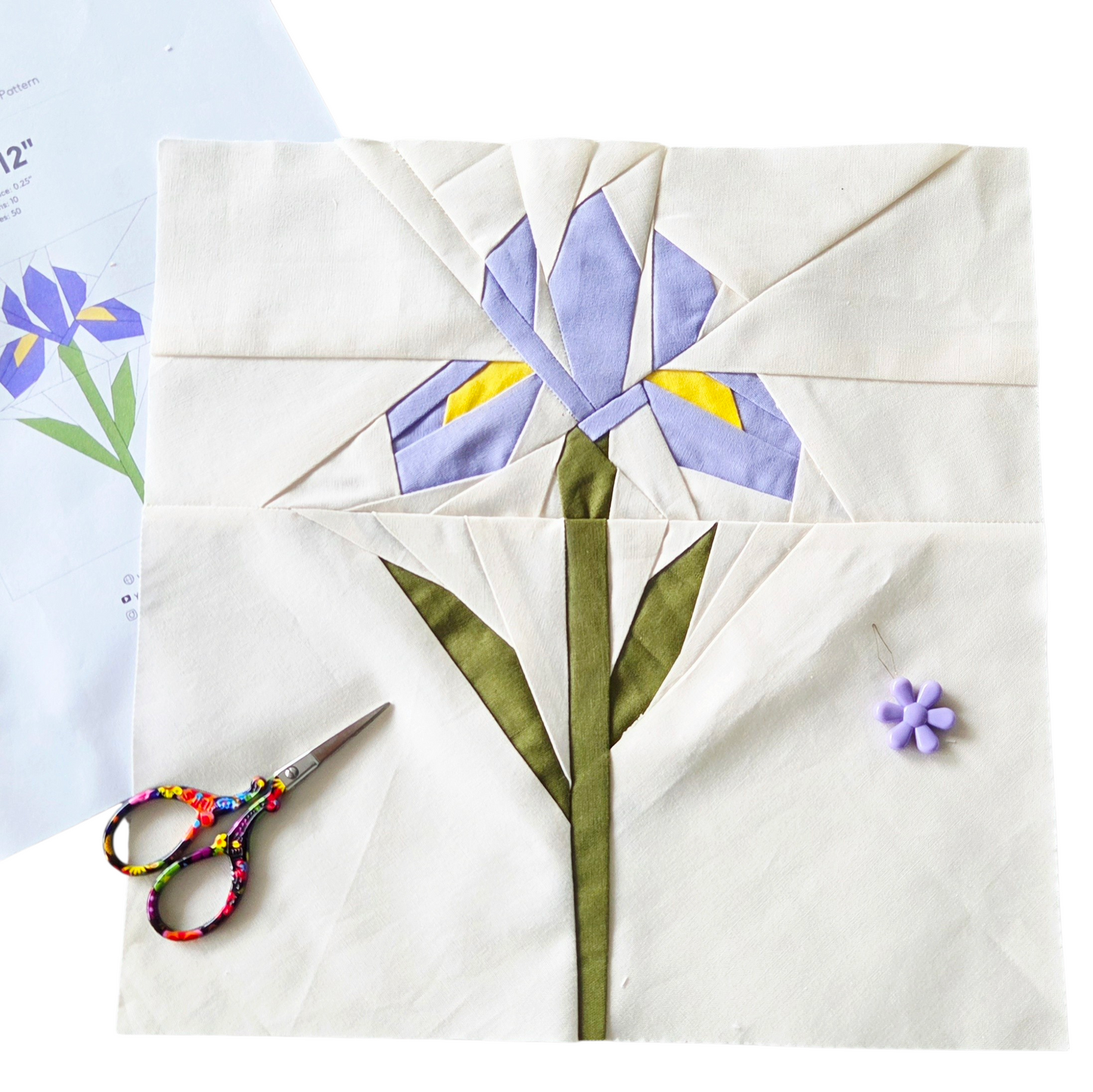 Iris Flower FPP Quilt Block Pattern – PDF Download | 4 Sizes Included