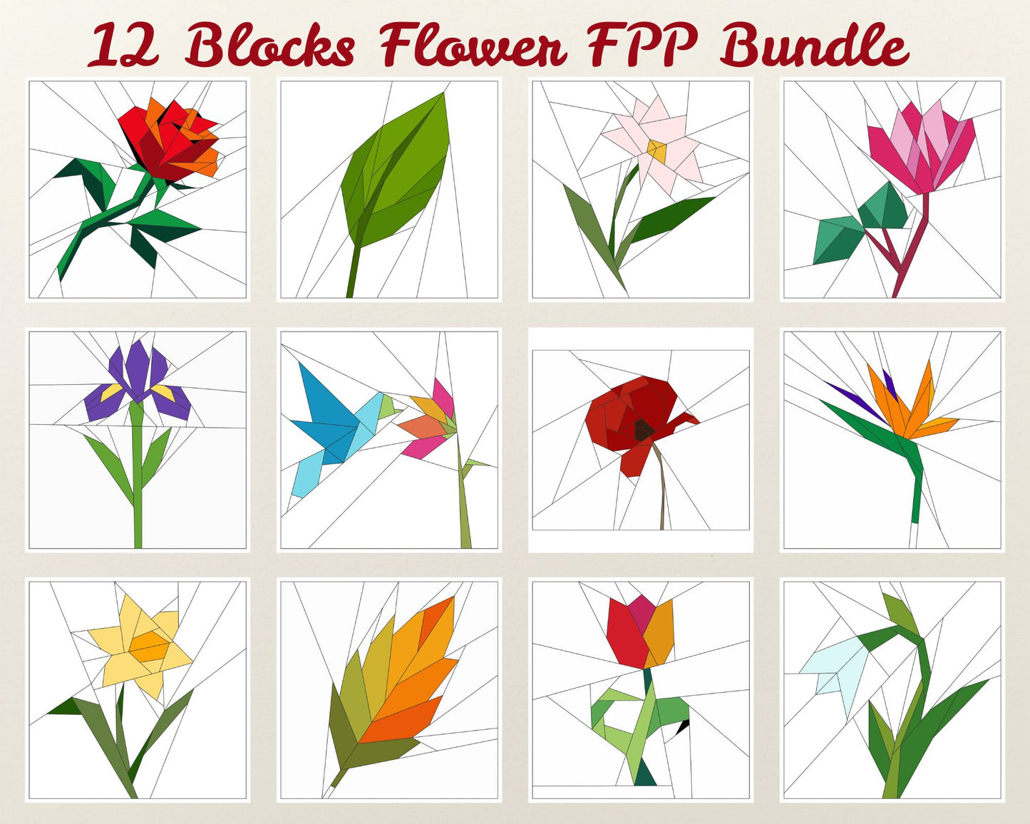 12 Flower Foundation Paper Piecing Pattern Bundle | PDF Quilt Patterns
