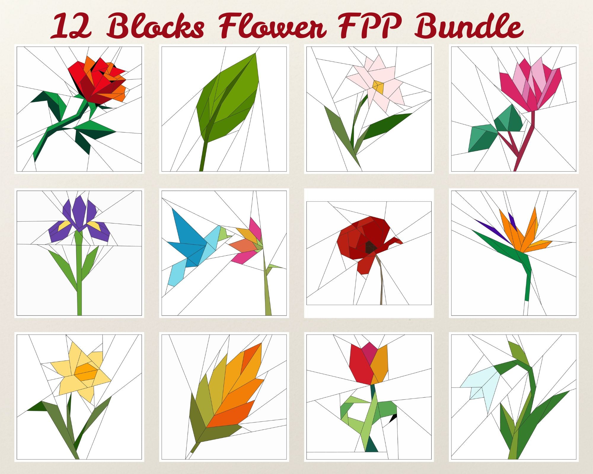 12 Flower Foundation Paper Piecing Pattern Bundle | PDF Quilt Patterns