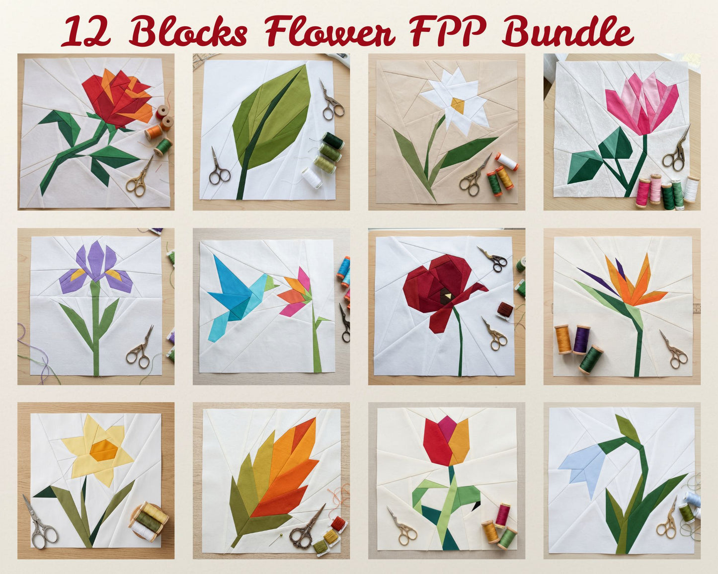 12 Flower Foundation Paper Piecing Pattern Bundle | PDF Quilt Patterns