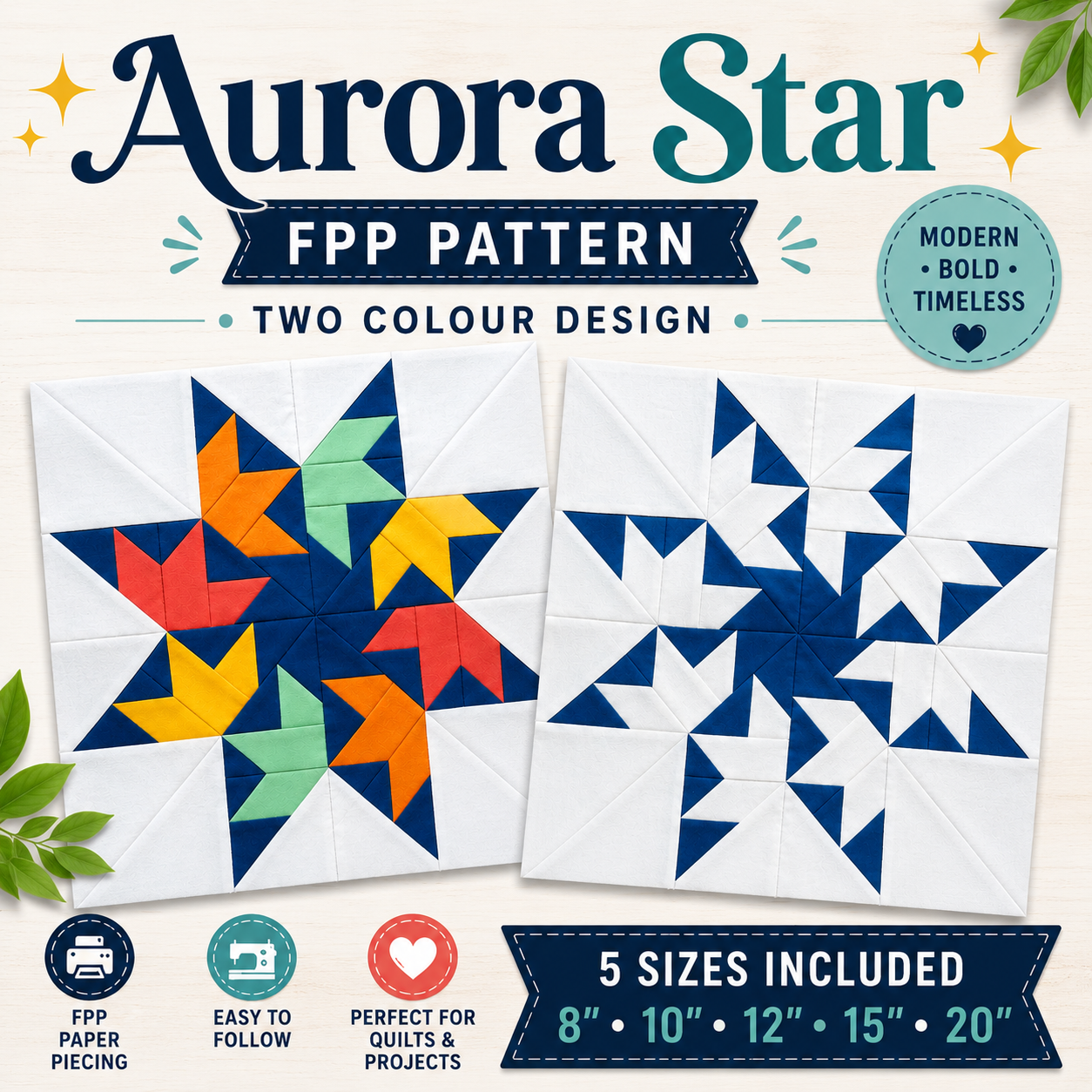 Aurora Star FPP Quilt Block Pattern – PDF Download | 5 Sizes Included
