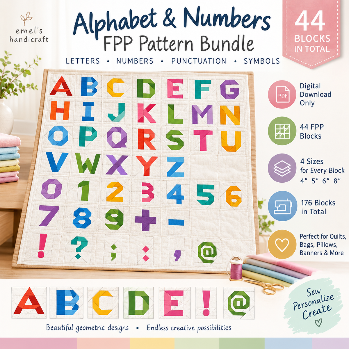 Alphabet FPP Quilt Pattern Multible sizes – PDF Download | 4 Sizes Included | 44 Characters