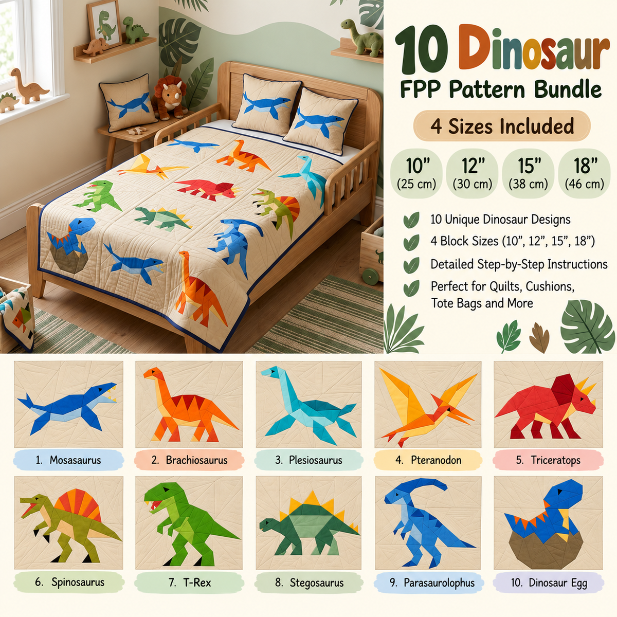 10 Dinosaur FPP Pattern Bundle | Foundation Paper Piecing Quilt Blocks | 4 Sizes | PDF Download