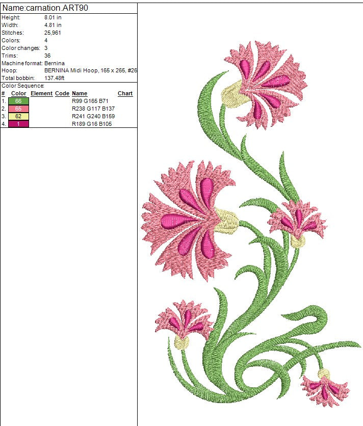 Carnation Single Stalk Flower Machine Embroidery Design