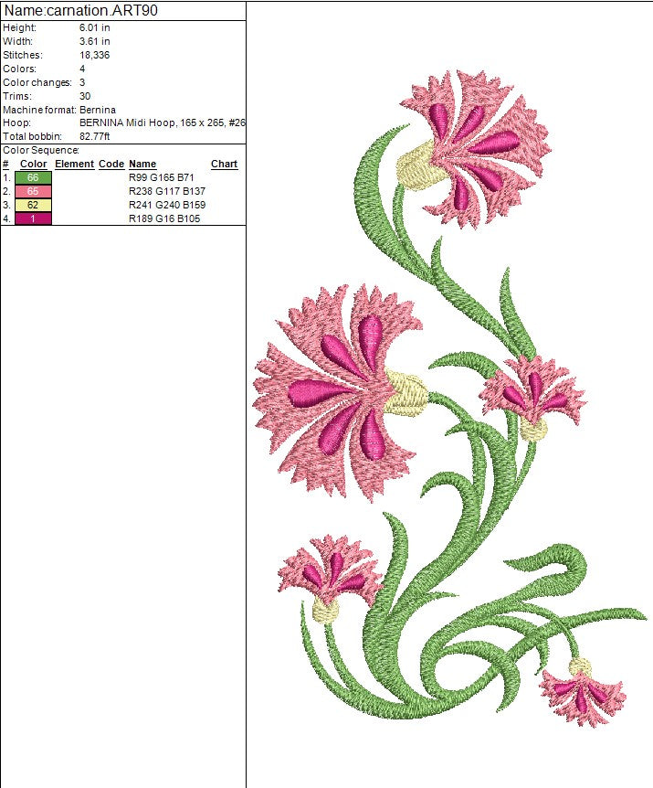 Carnation Single Stalk Flower Machine Embroidery Design