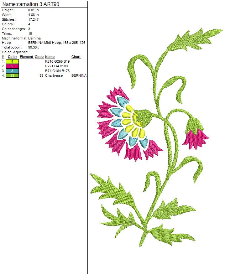 Carnation Single Stalk Flower Machine Embroidery Design