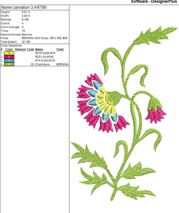 Carnation Single Stalk Flower Machine Embroidery Design