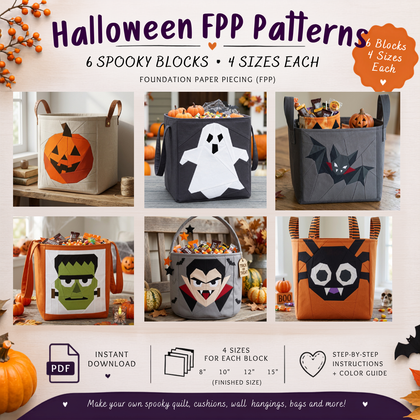 Six Halloween foundation paper piecing quilt block patterns bundle