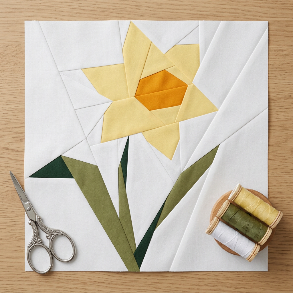 Quilt block with yellow flower design on a wooden surface with scissors and thread spools.