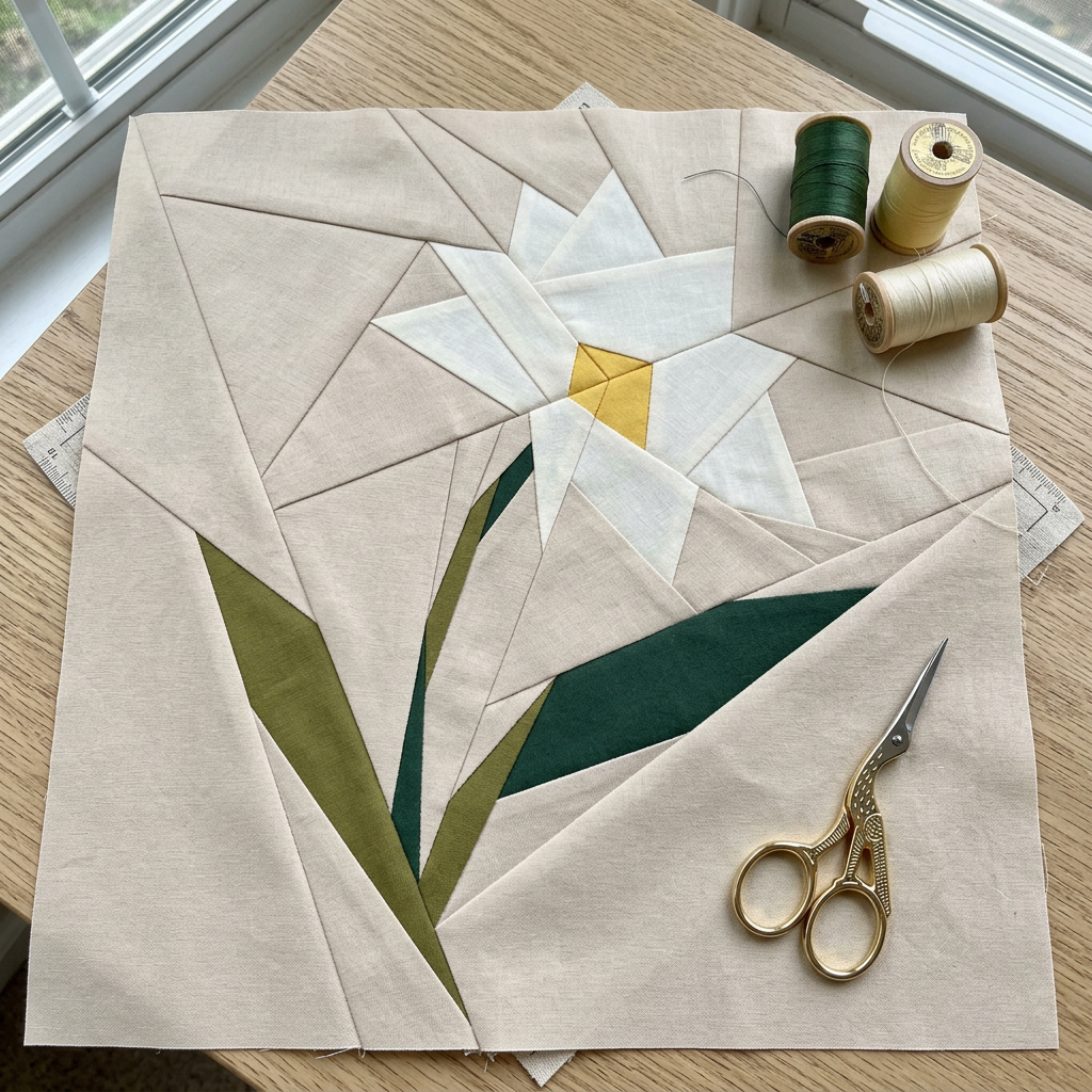 Quilt block with a flower design on a wooden table with scissors and thread spools.