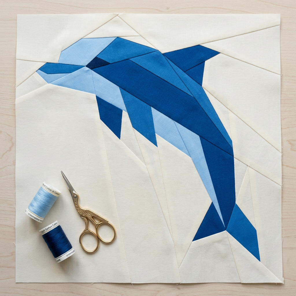 Quilt block with blue geometric design, spool of thread, and scissors on a wooden surface