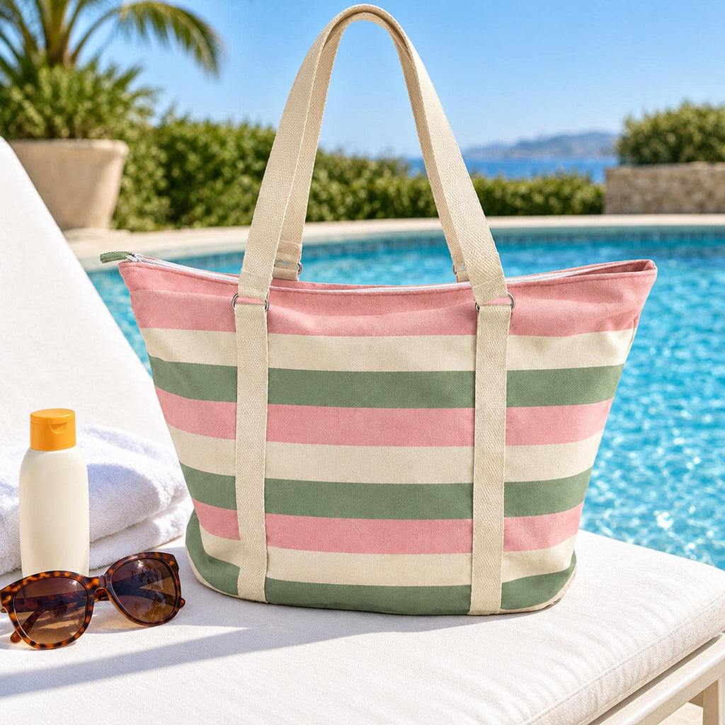 Beach Bag Sewing Pattern PDF, Large Zipper Tote Bag with Pocket, Striped Summer Pool Bag, D-Ring Straps, Weekender Tote, Video Tutorial