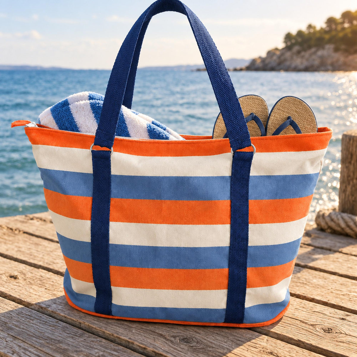 Beach Bag Sewing Pattern PDF, Large Zipper Tote Bag with Pocket, Striped Summer Pool Bag, D-Ring Straps, Weekender Tote, Video Tutorial