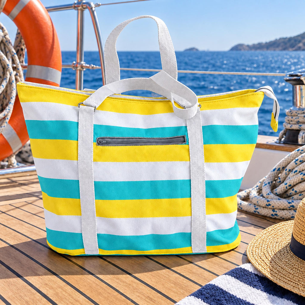 Beach Bag Sewing Pattern PDF, Large Zipper Tote Bag with Pocket, Striped Summer Pool Bag, D-Ring Straps, Weekender Tote, Video Tutorial