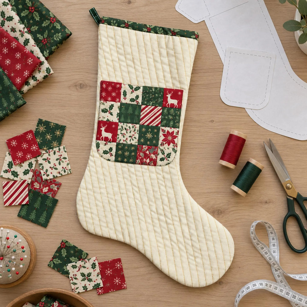 Christmas Stocking Sewing Pattern PDF, Quilted Patchwork Stocking with Candy Pocket & FPP Star Block, Foundation Paper Piecing