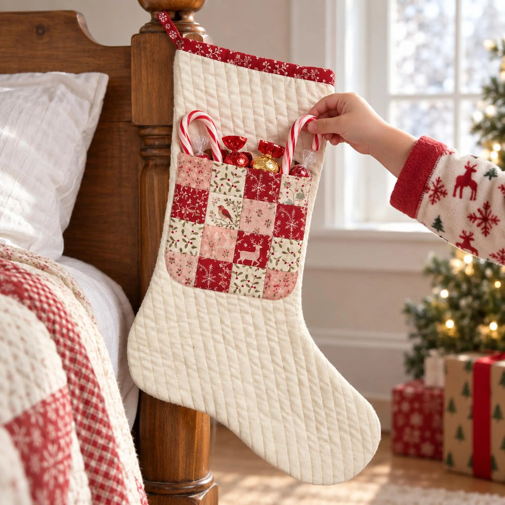 Christmas Stocking Sewing Pattern PDF, Quilted Patchwork Stocking with Candy Pocket & FPP Star Block, Foundation Paper Piecing