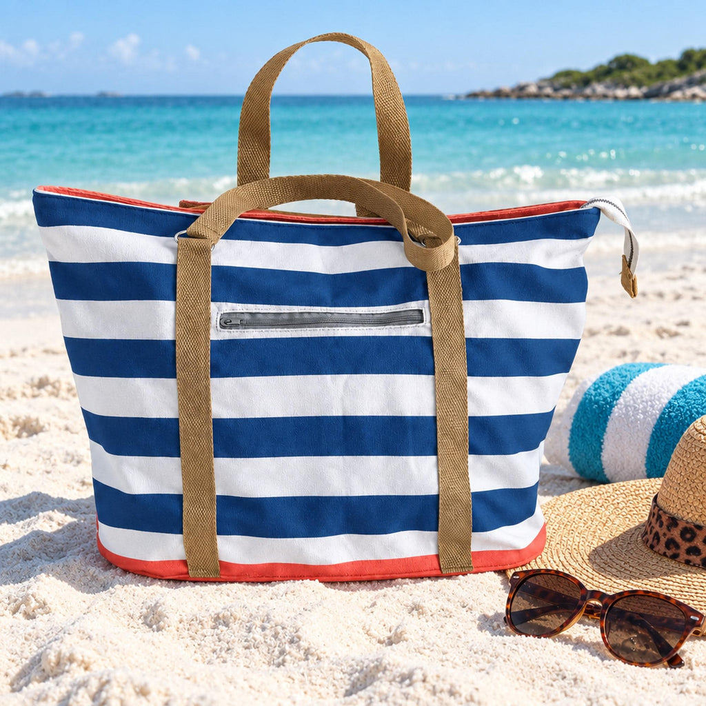 Beach Bag Sewing Pattern PDF, Large Zipper Tote Bag with Pocket, Striped Summer Pool Bag, D-Ring Straps, Weekender Tote, Video Tutorial