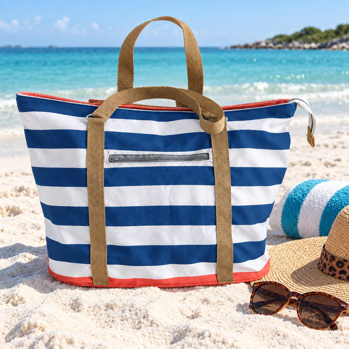 Beach Bag Sewing Pattern PDF, Large Zipper Tote Bag with Pocket, Striped Summer Pool Bag, D-Ring Straps, Weekender Tote, Video Tutorial