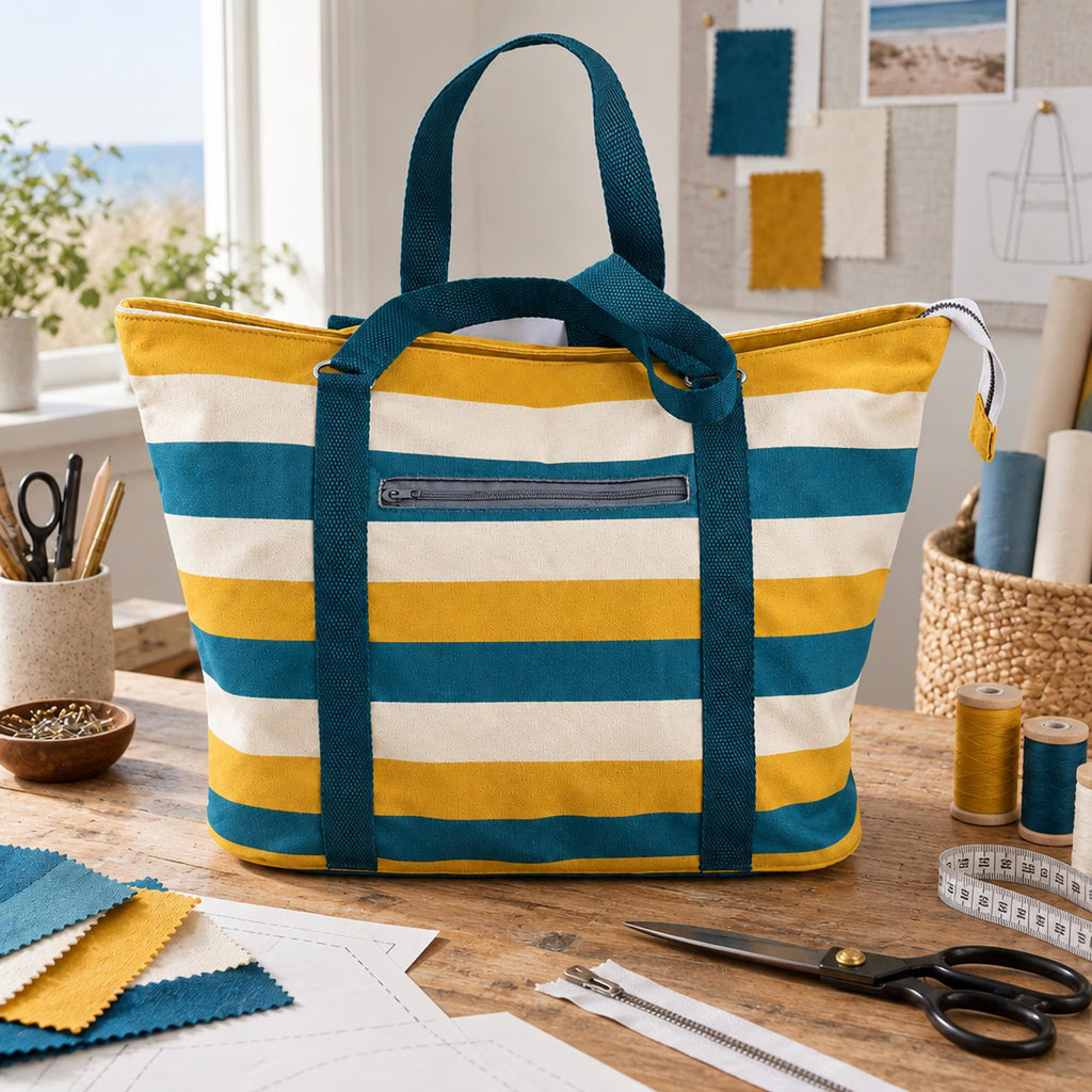 Beach Bag Sewing Pattern PDF, Large Zipper Tote Bag with Pocket, Striped Summer Pool Bag, D-Ring Straps, Weekender Tote, Video Tutorial