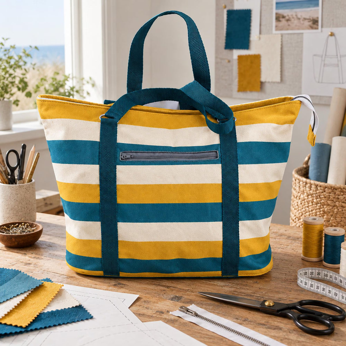 Beach Bag Sewing Pattern PDF, Large Zipper Tote Bag with Pocket, Striped Summer Pool Bag, D-Ring Straps, Weekender Tote, Video Tutorial