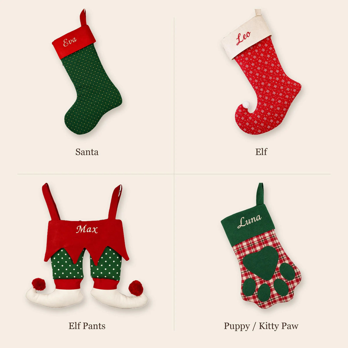 Christmas Stocking Sewing Pattern PDF, 4 Designs: Santa, Elf, Elf Pants & Dog or Cat Paw Stocking, Quilted or Plain, with Tutorial