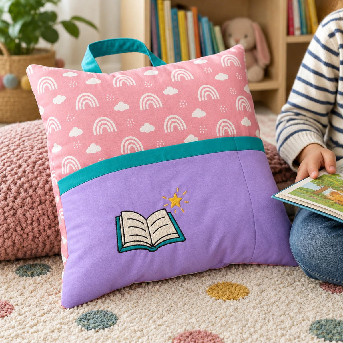 Reading Pillow Sewing Pattern PDF, Book Pocket Pillow Pattern 2 Sizes, Kids Pillow with Handle, Cushion Pattern & Video Tutorial