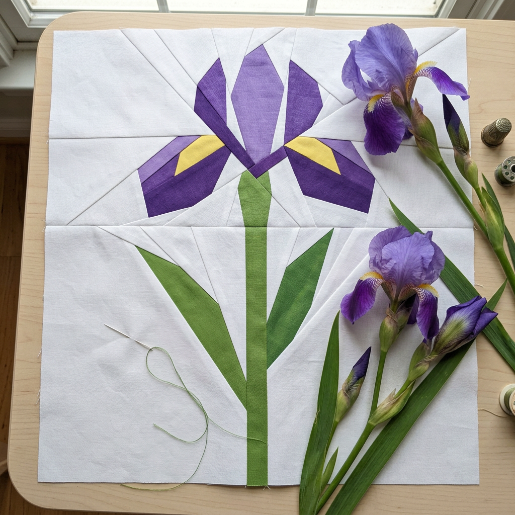 Quilt block with purple flower design on a wooden table with real purple flowers.