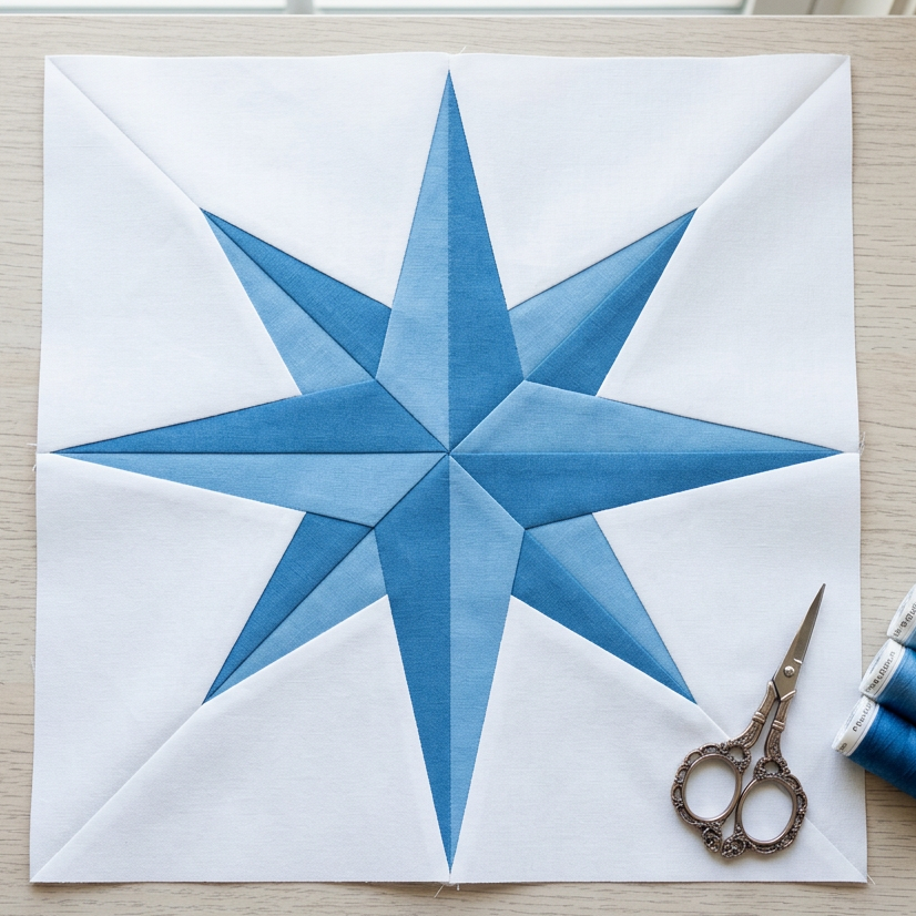 Blue star design on white paper with scissors and thread spools on a wooden surface.