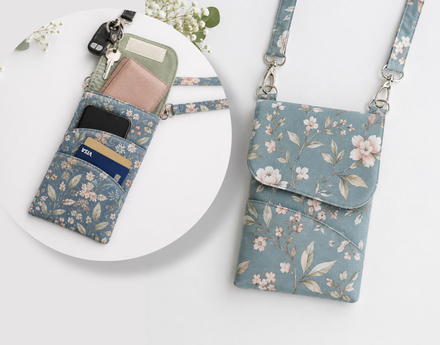 A floral crossbody phone bag in a dusty blue fabric with pink and white blossoms, shown on a white background with a circular inset detail of its card and wallet compartments.