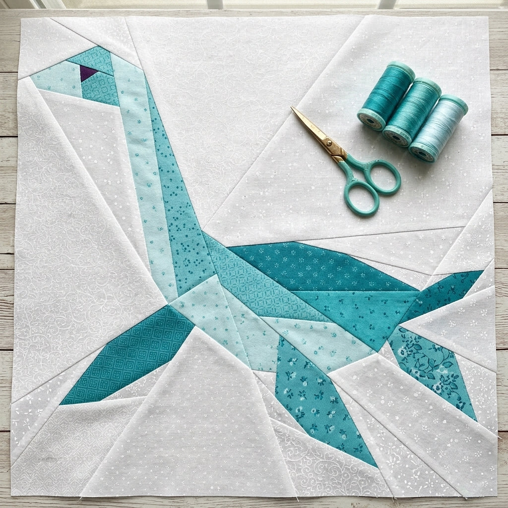 Plesiosaurus Quilt Block Pattern – Dinosaur Quilt Block - PDF Download | 4 Sizes Included