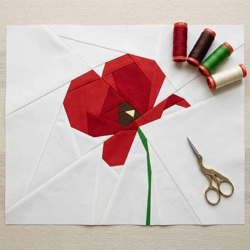 Red paper flower with green stem on a white square, surrounded by spools of thread and a pair of scissors.