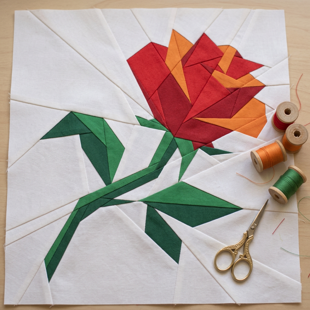 Quilt block with a red rose design on a white background, surrounded by sewing tools.