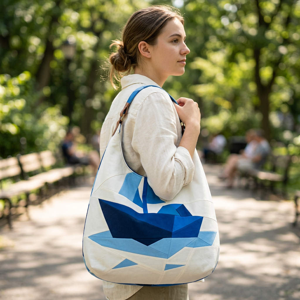 Woman walking in a park with a tote bag featuring blue geometric shapes.