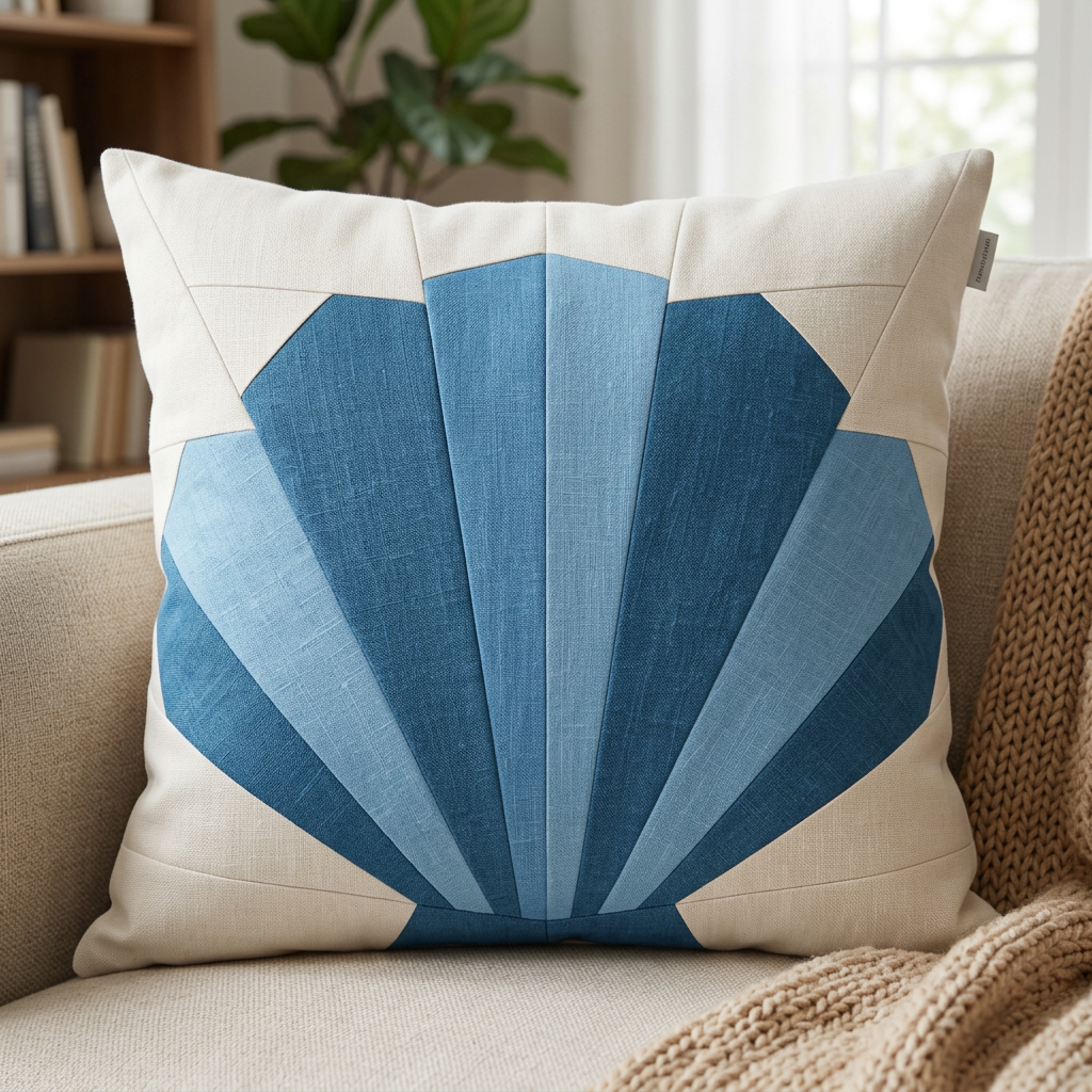 Decorative pillow with blue shell pattern on a beige couch