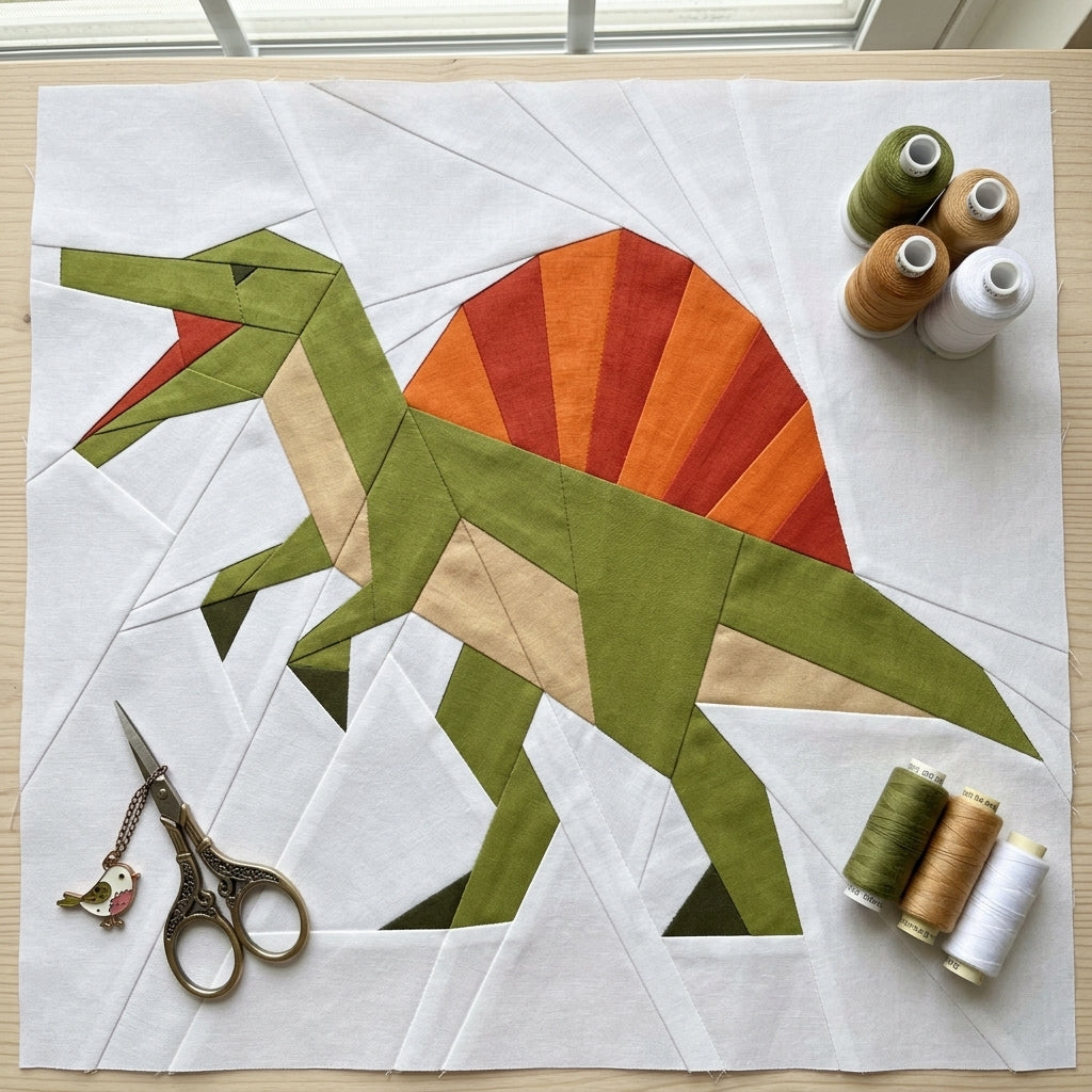 Spinosaurus Quilt Block Pattern – Dinosaur Quilt Block - PDF Download | 4 Sizes Included