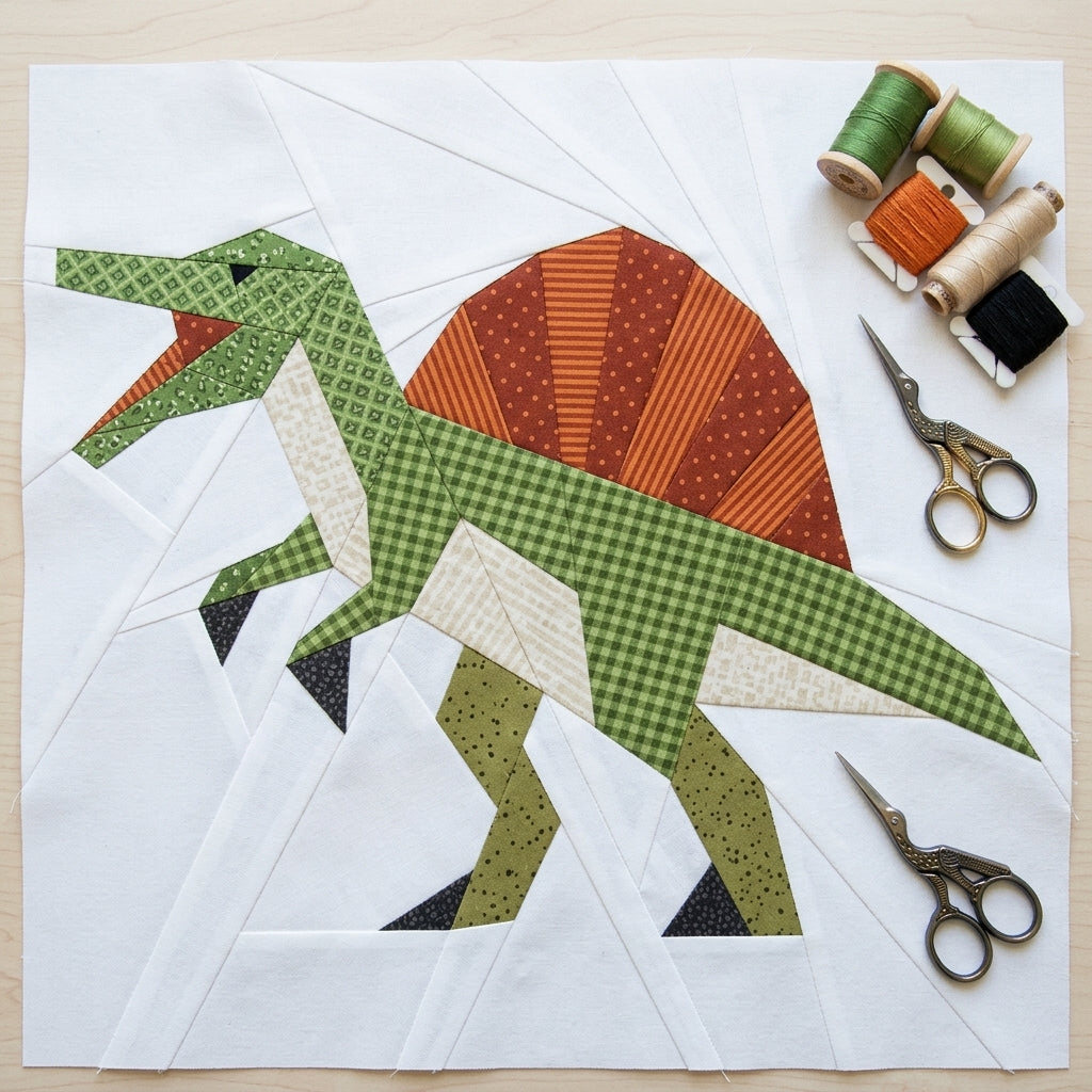 Spinosaurus Quilt Block Pattern – Dinosaur Quilt Block - PDF Download | 4 Sizes Included