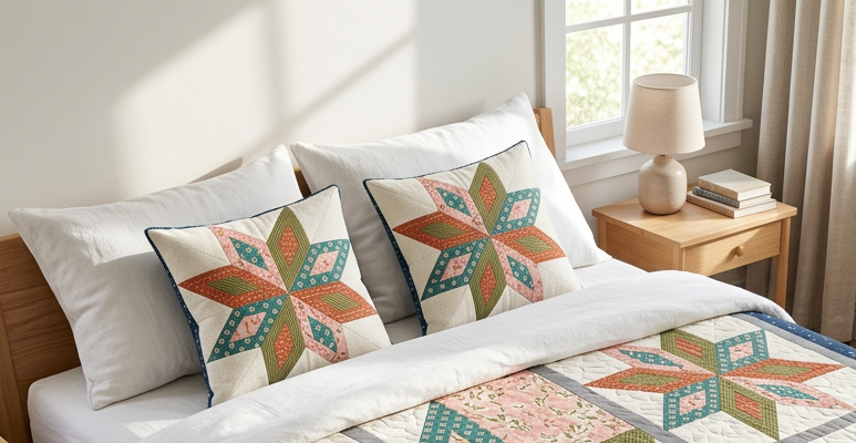 A quilted bedding set displayed on a wooden bed in a bright, modern bedroom. The set includes a large quilt with a geometric starburst pattern in teal, coral, sage green, and pink, along with two matching decorative shams and white pillows.