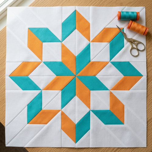 A quilted fabric block featuring a geometric starburst pattern in teal and orange on white, laid flat on a wooden surface with two spools of thread and a pair of scissors in the top right corner.