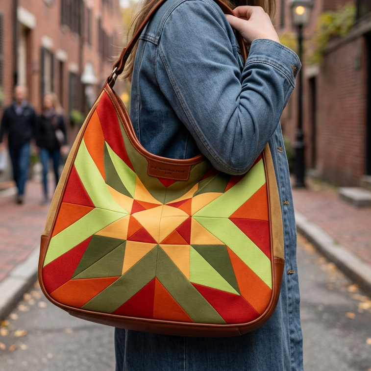 A woman wearing a straw hat and denim jacket carries a large geometric quilted shoulder bag in orange, red, yellow, and green, standing on a brick street.
