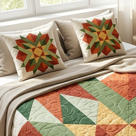 A colorful quilted starburst patterned bedspread on a bed in a bright, modern bedroom. The quilt features geometric triangles in rust orange, sage green, mustard yellow, and cream.