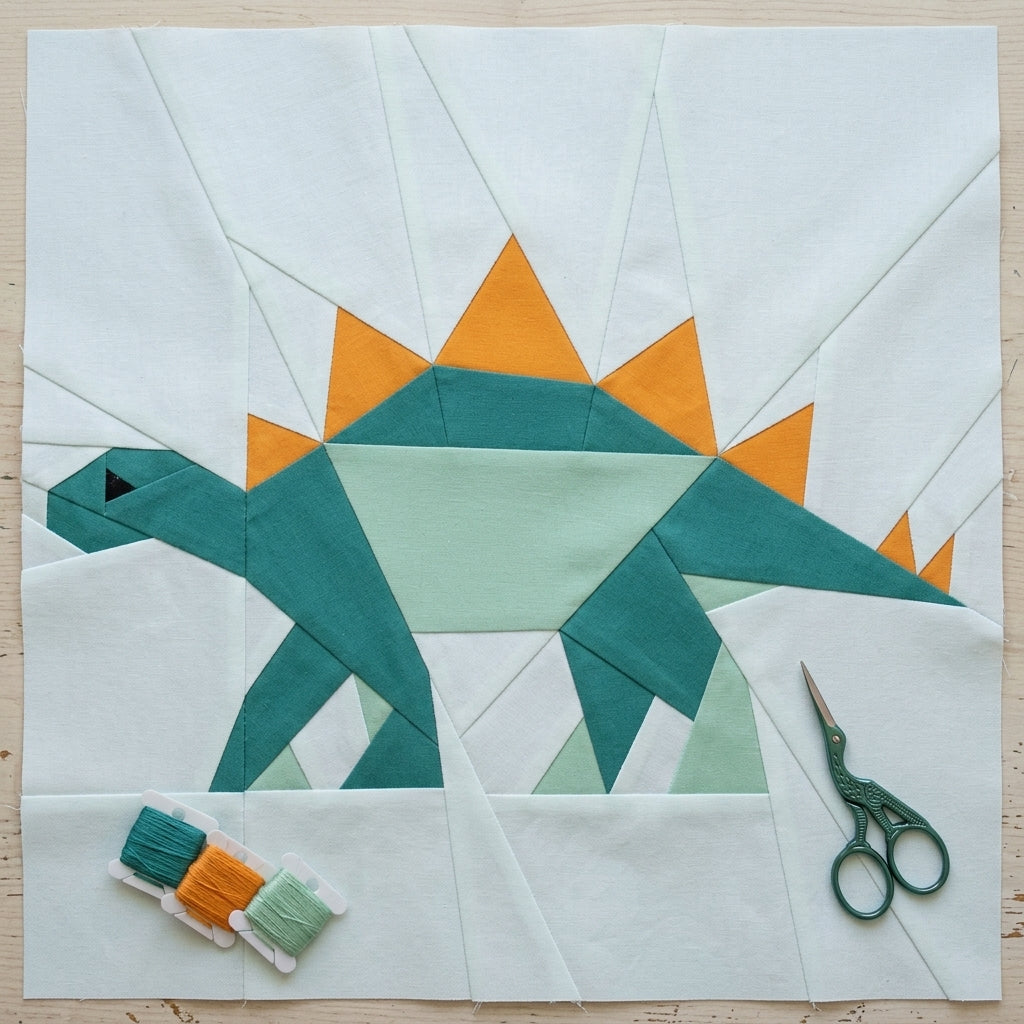 Stegosaurus FPP Quilt Block Pattern – Dinosaur Quilt Block - PDF Download | 4 Sizes Included