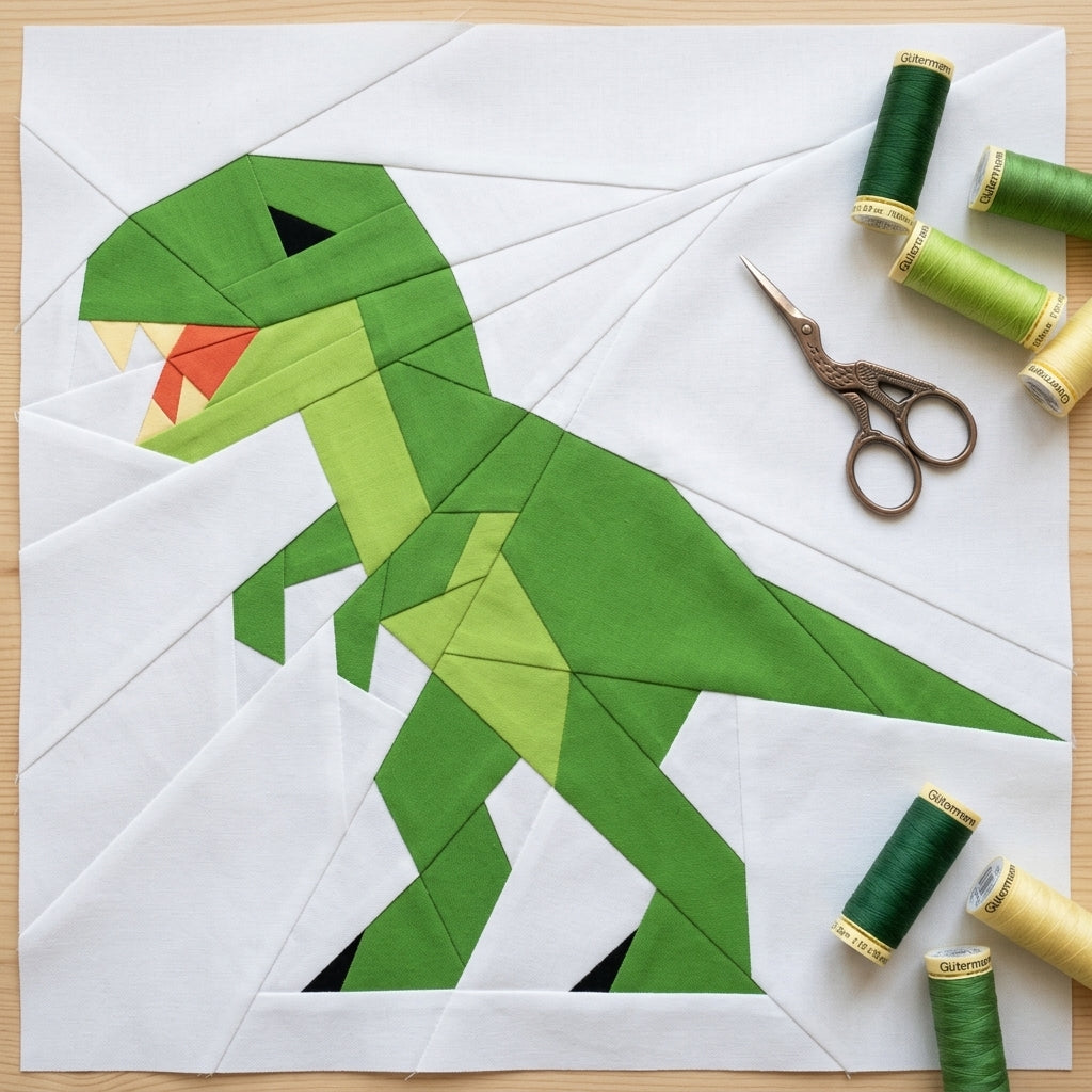 T-Rex FPP Quilt Block Pattern – Dinosaur Quilt Block - PDF Download | 4 Sizes Included