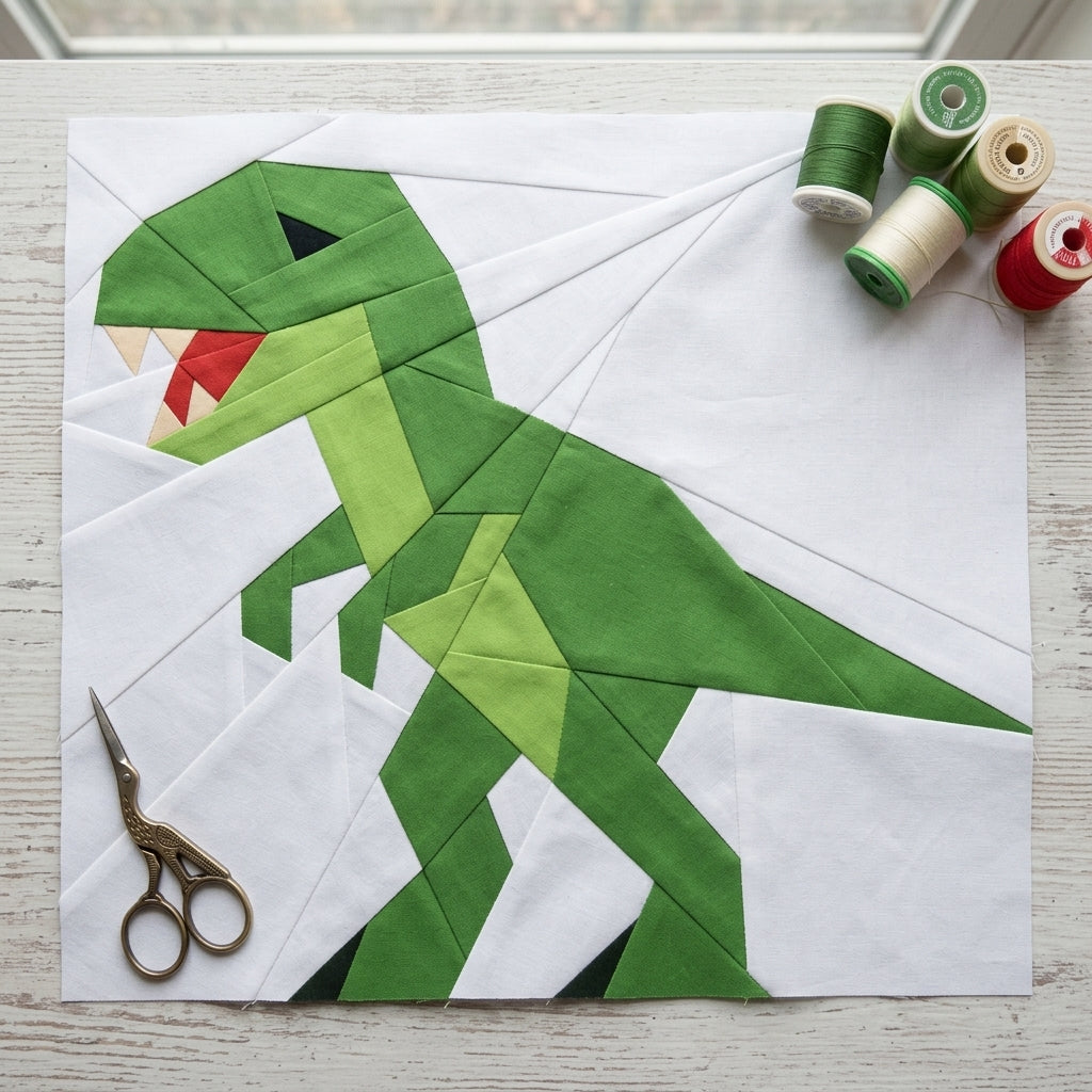 T-Rex FPP Quilt Block Pattern – Dinosaur Quilt Block - PDF Download | 4 Sizes Included