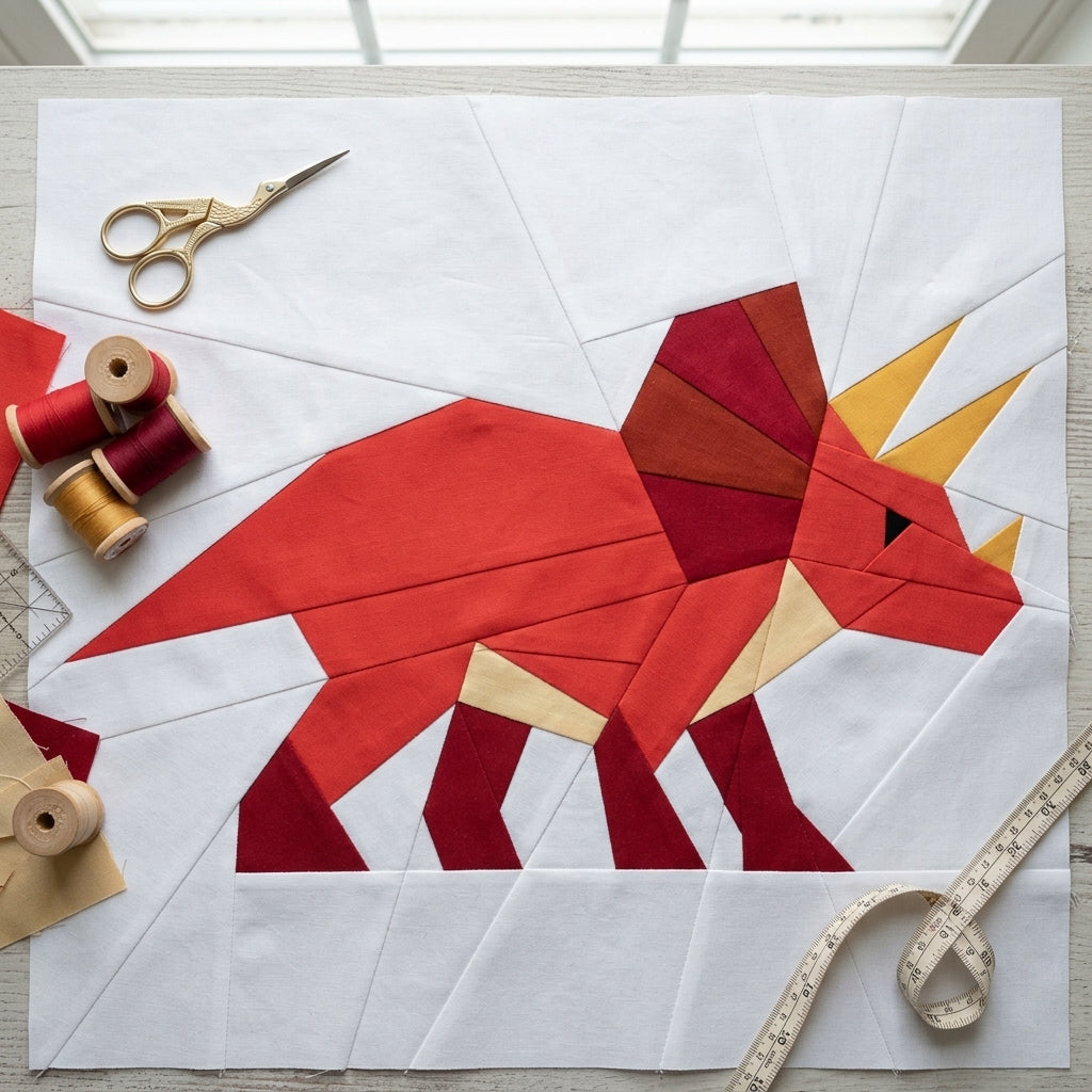 Triceratops Quilt Block Pattern – Dinosaur Quilt Block - PDF Download | 4 Sizes Included