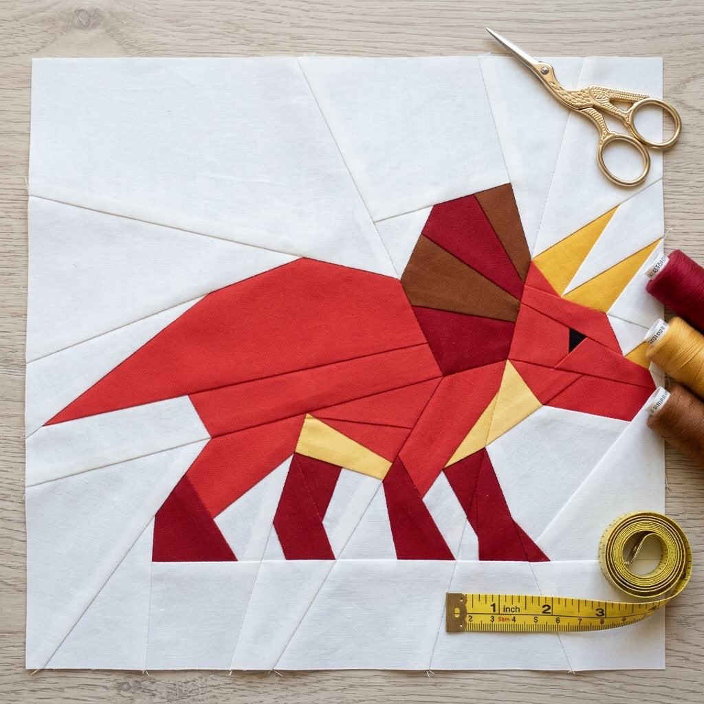 A quilted fabric block featuring a stylized red, yellow, and brown dinosaur on a white background, styled with gold scissors, a measuring tape, and thread on a light wood surface.