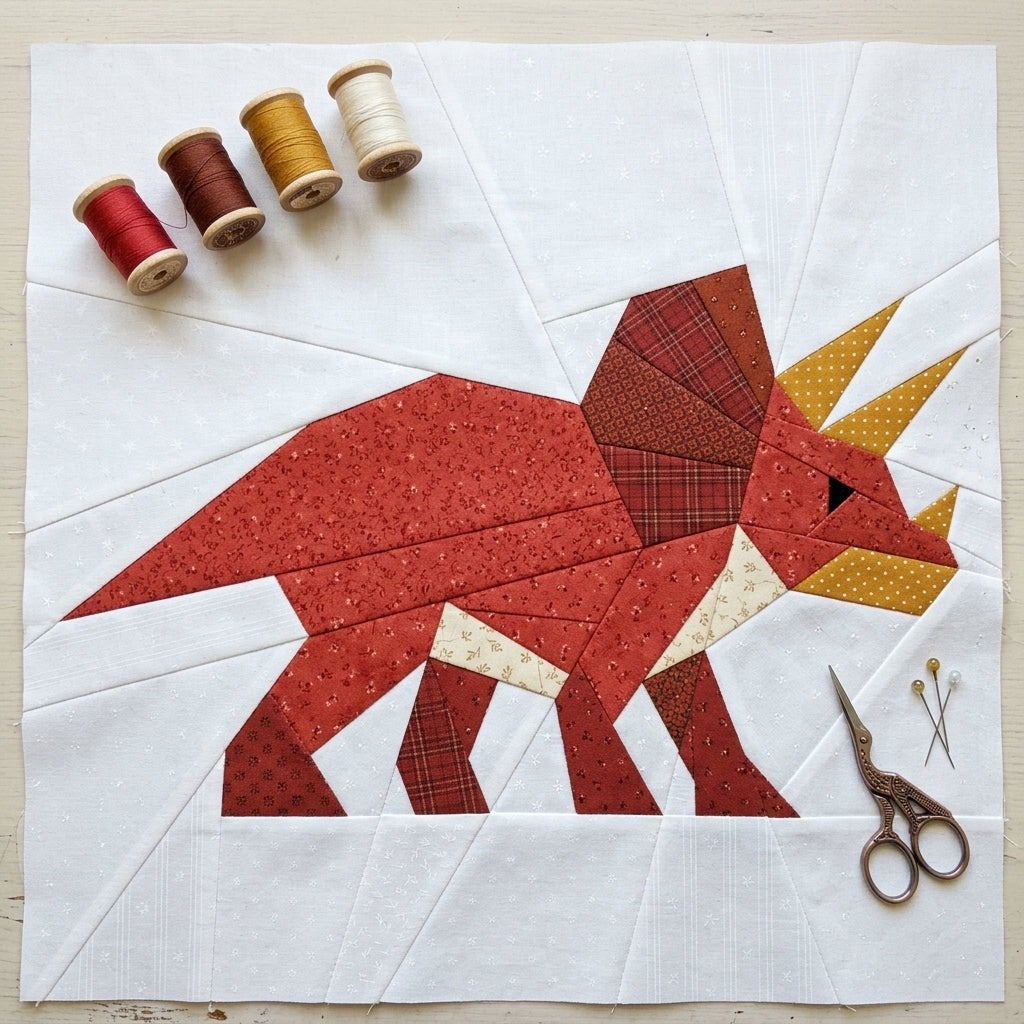 Triceratops Quilt Block Pattern – Dinosaur Quilt Block - PDF Download | 4 Sizes Included