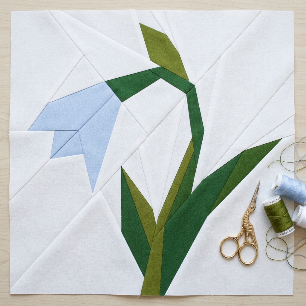 Quilt block with green and blue floral design on a white background, with sewing tools nearby.