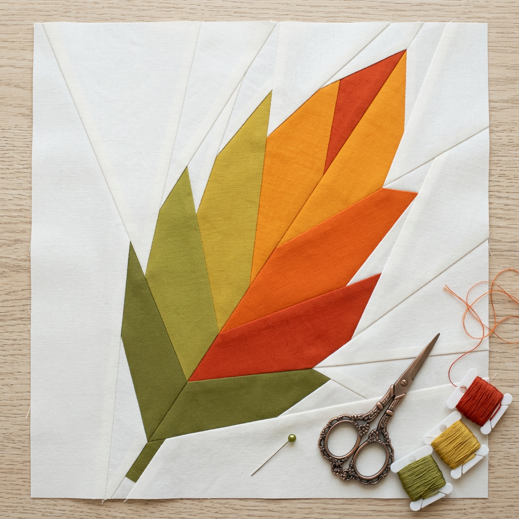 Fabric leaf pattern with sewing tools on a wooden surface